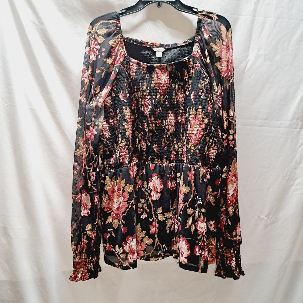 EST. 1946 Black Pink Tan Flowy Long Sleeve Smocked Sheer Babydoll Blouse 18/20W
